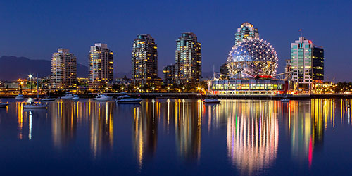 Science World at twilight in Vancouver, BC, Canada